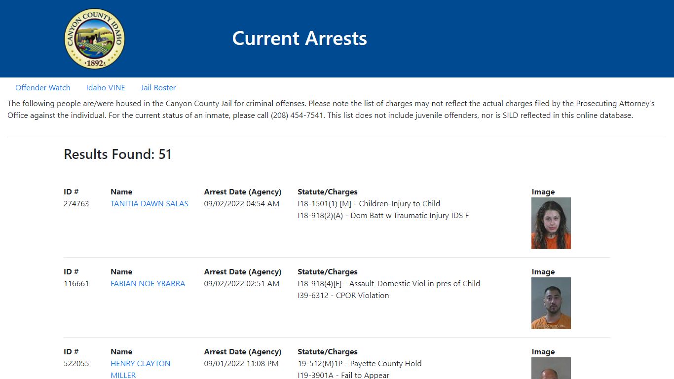 Current Arrests - Canyon County, Idaho